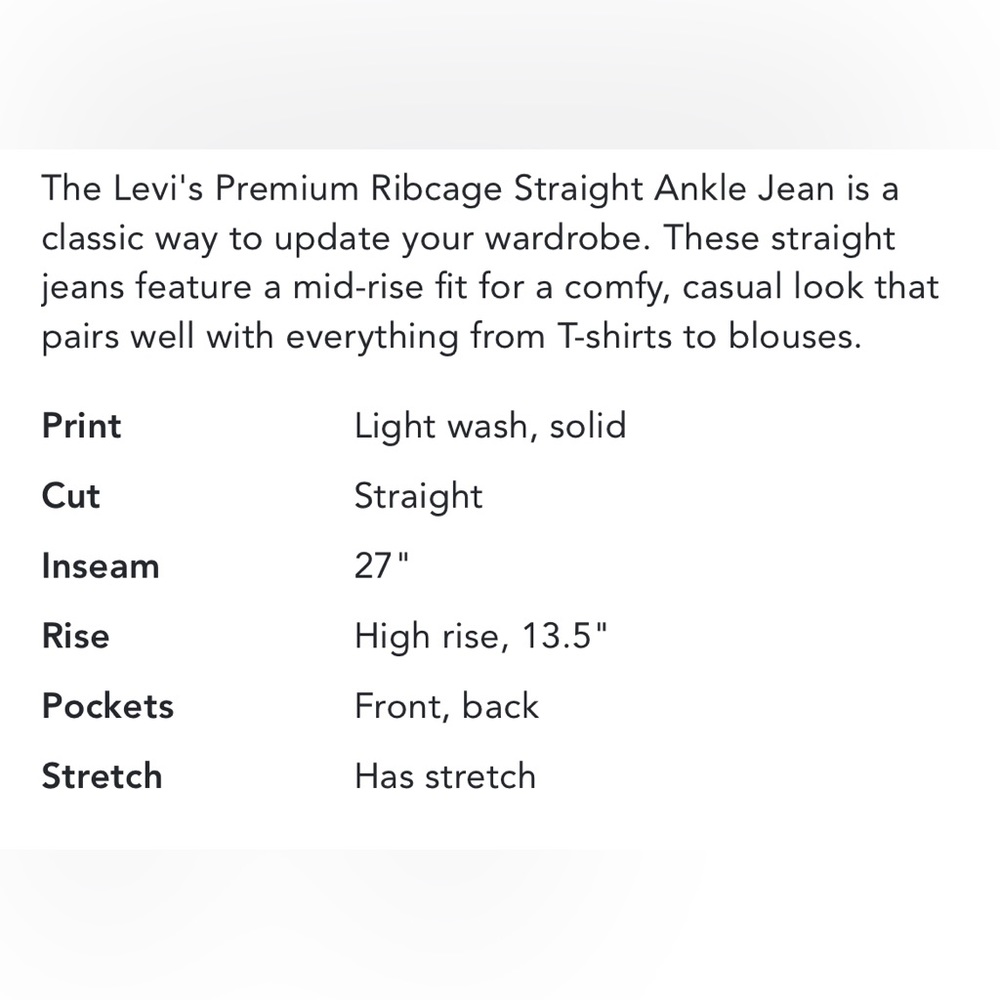 Levi’s Ribcage Straight Leg Ankle Jean Size 10/27” inseam. NWT. - Picture 7 of 7
